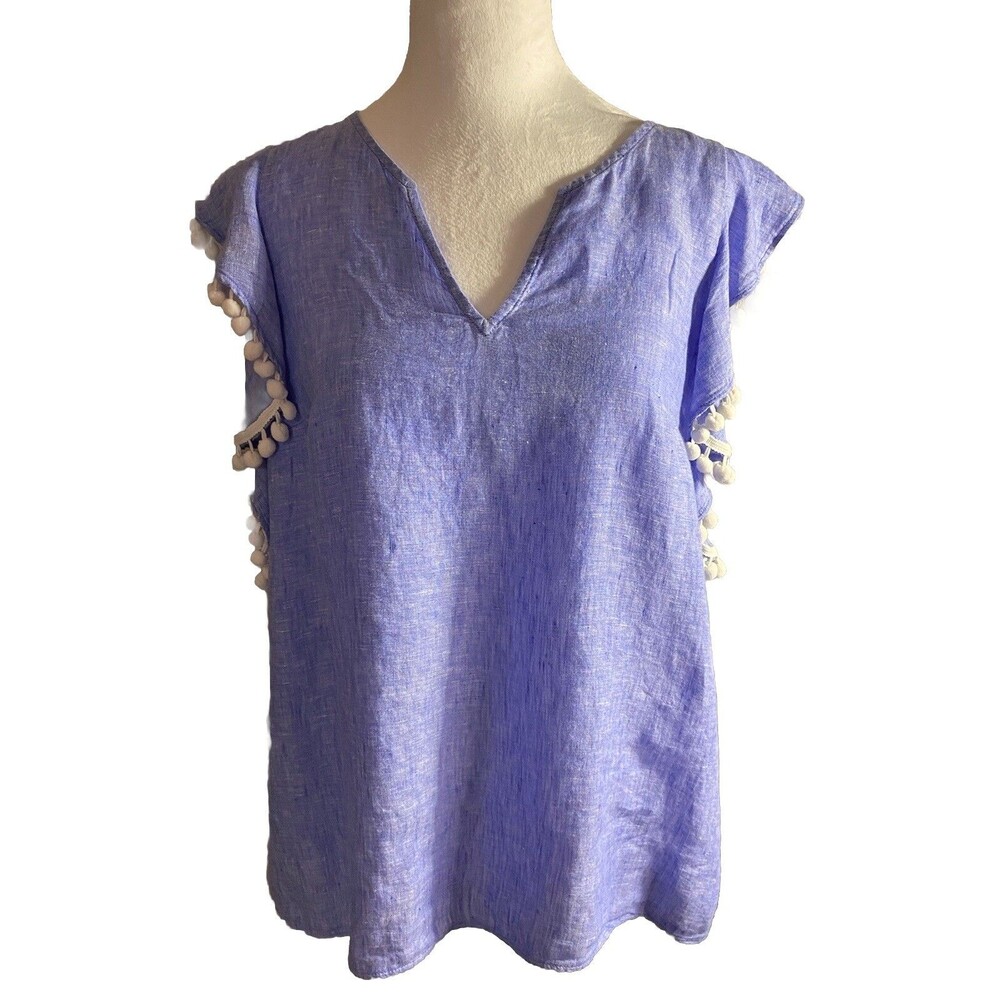 Lilly Pulitzer Short Wing Pom Pom’s Sleeves Blue Women’s Blouse Size S EUC